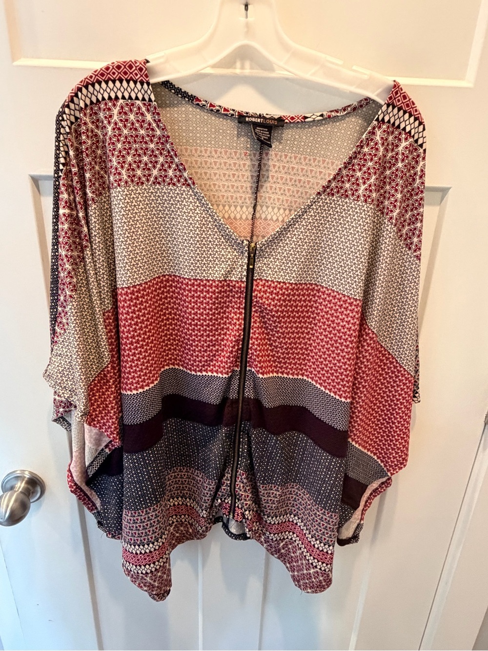 Robert Louis Small Geometric Print Zip Front Blouse Kimono Sleeve Top